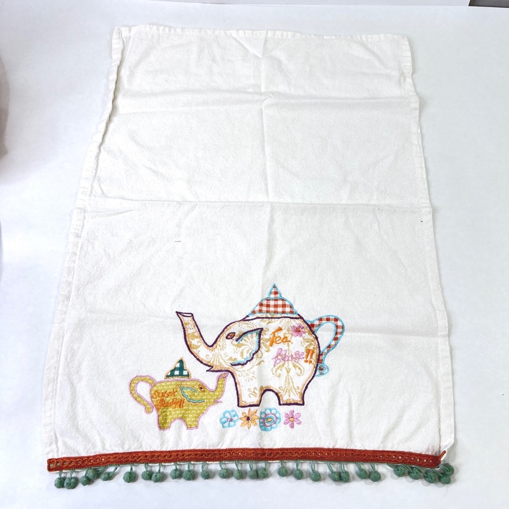 World Market Elephant Teapot Embroidered Tea Towel White Cotton Pom-Pom Tassels